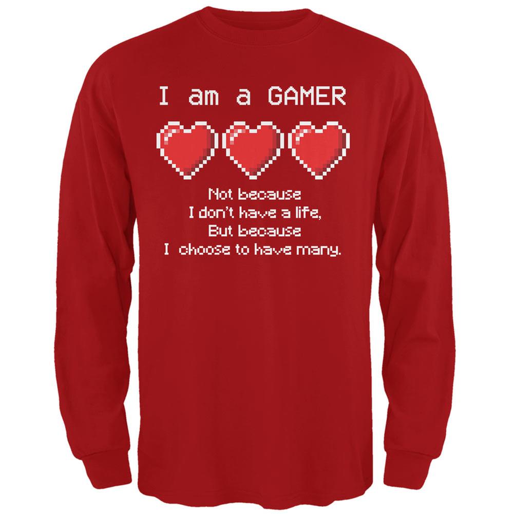 Eight Bit Three Lives Gamer Red Adult Long Sleeve T-Shirt Men's Long Sleeves Old Glory 2XL Red 