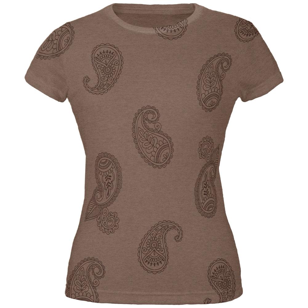 Paisley Henna All Over Heather Brown Juniors Soft T-Shirt Juniors T-Shirts Old Glory 2XL Brown 