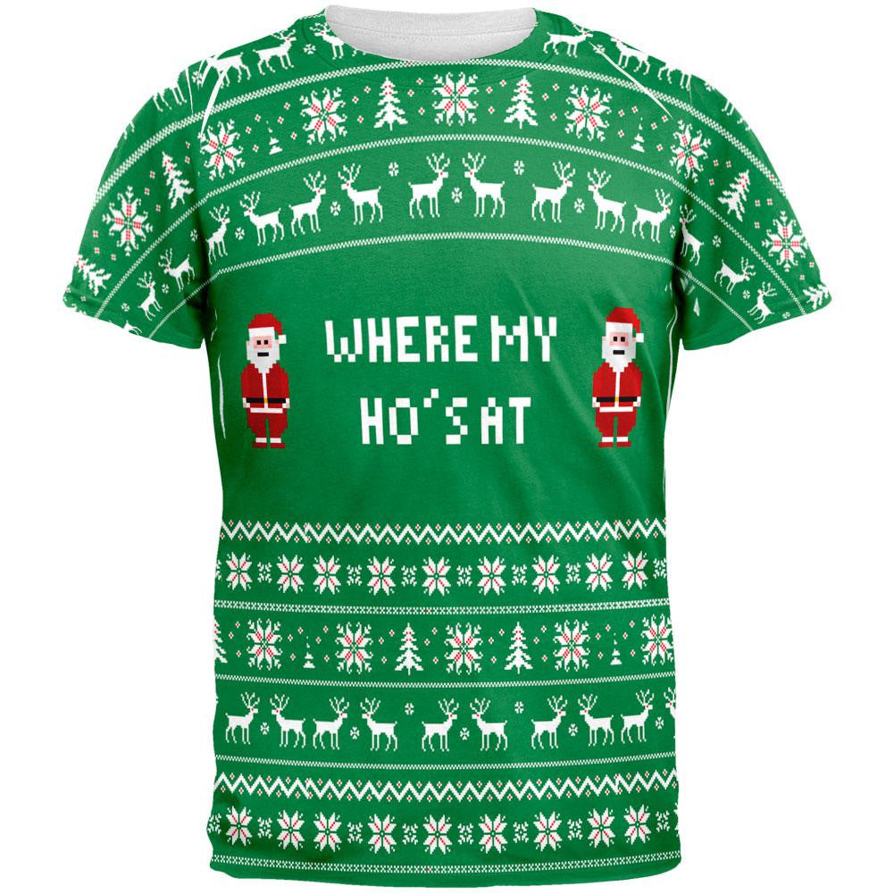 Christmas Where My Ho's At Ugly Sweater All Over Adult T-Shirt Men's T-Shirts Old Glory 2XL White 