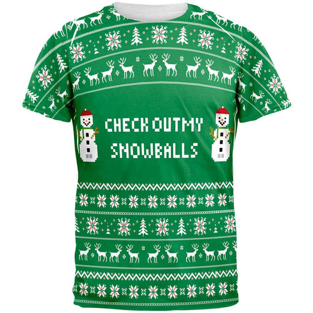 Christmas Check Out My Snowballs Ugly Sweater All Over Adult T-Shirt Men's T-Shirts Old Glory 2XL White 