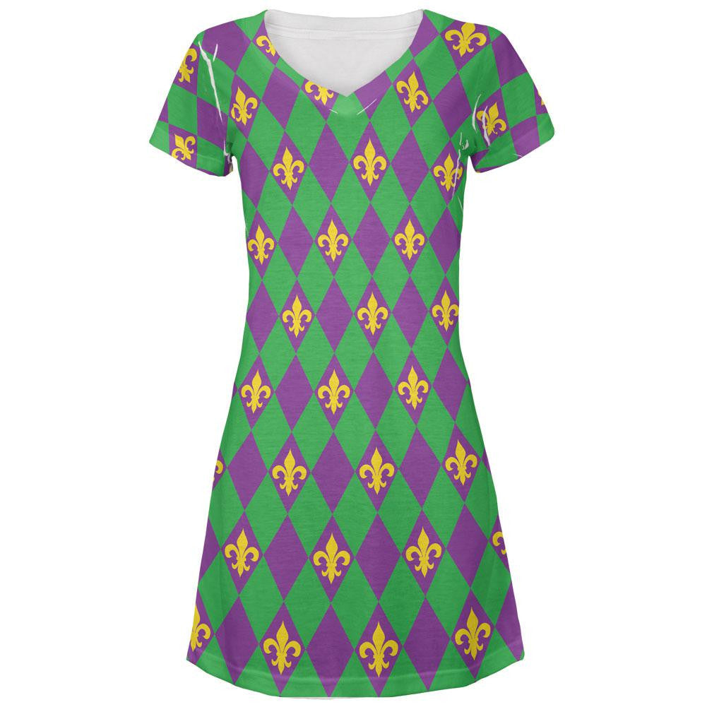 Mardi Gras Fleur De Lis All Over Juniors V-Neck Dress Juniors Dresses Old Glory LG White 