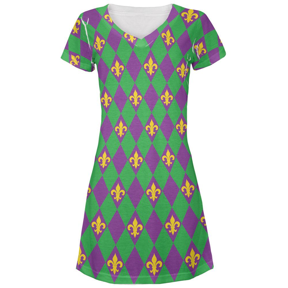 Mardi Gras Fleur De Lis Juniors V-Neck Beach Cover-Up Dress Juniors Dresses Old Glory LG White 