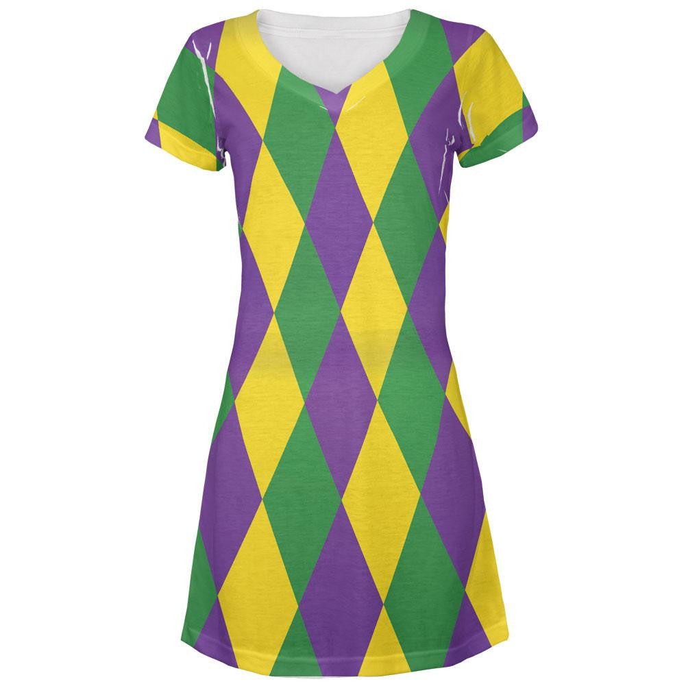 Mardi Gras Jester Costume All Over Juniors V-Neck Dress Juniors Dresses Old Glory LG White 