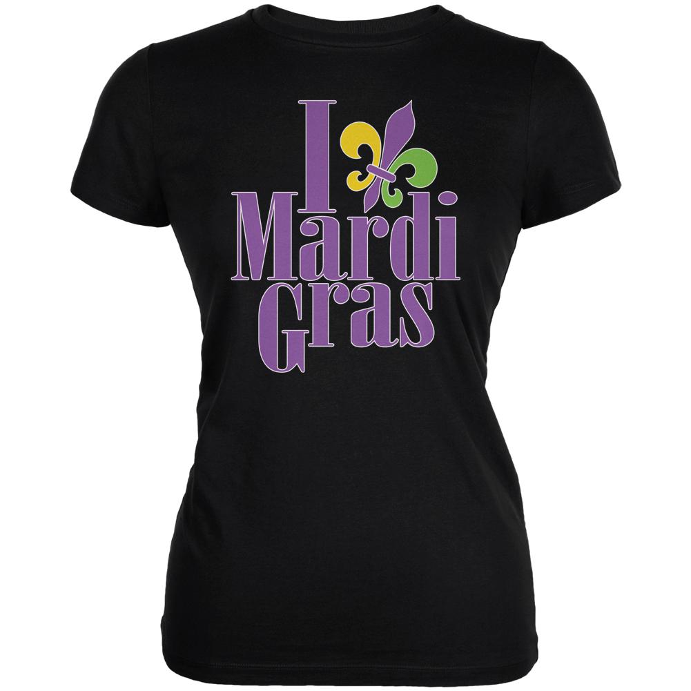 I Love Mardi Gras Fleur De Lis Black Juniors Soft T-Shirt Juniors T-Shirts Old Glory SM Black 