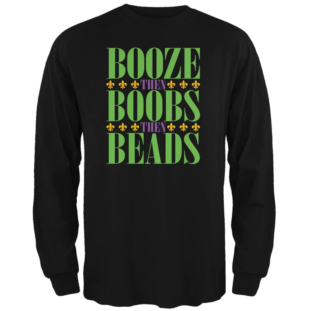 Mardi Gras Booze Boobs Beads Black Adult Long Sleeve T-Shirt Men's Long Sleeves Old Glory 2XL Black 