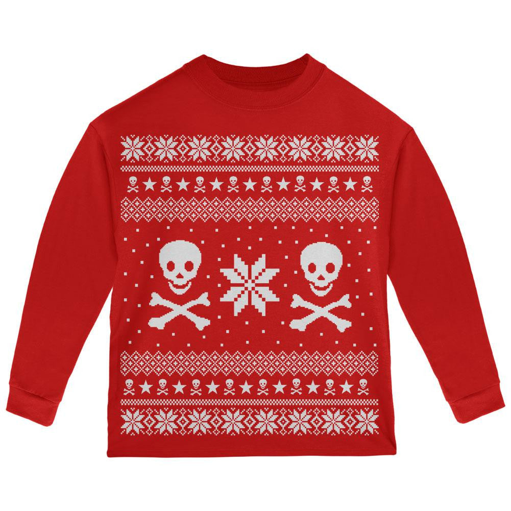 Skull & Crossbones Ugly Christmas Sweater Red Toddler Long Sleeve T-Shirt Toddler Long Sleeves Old Glory   