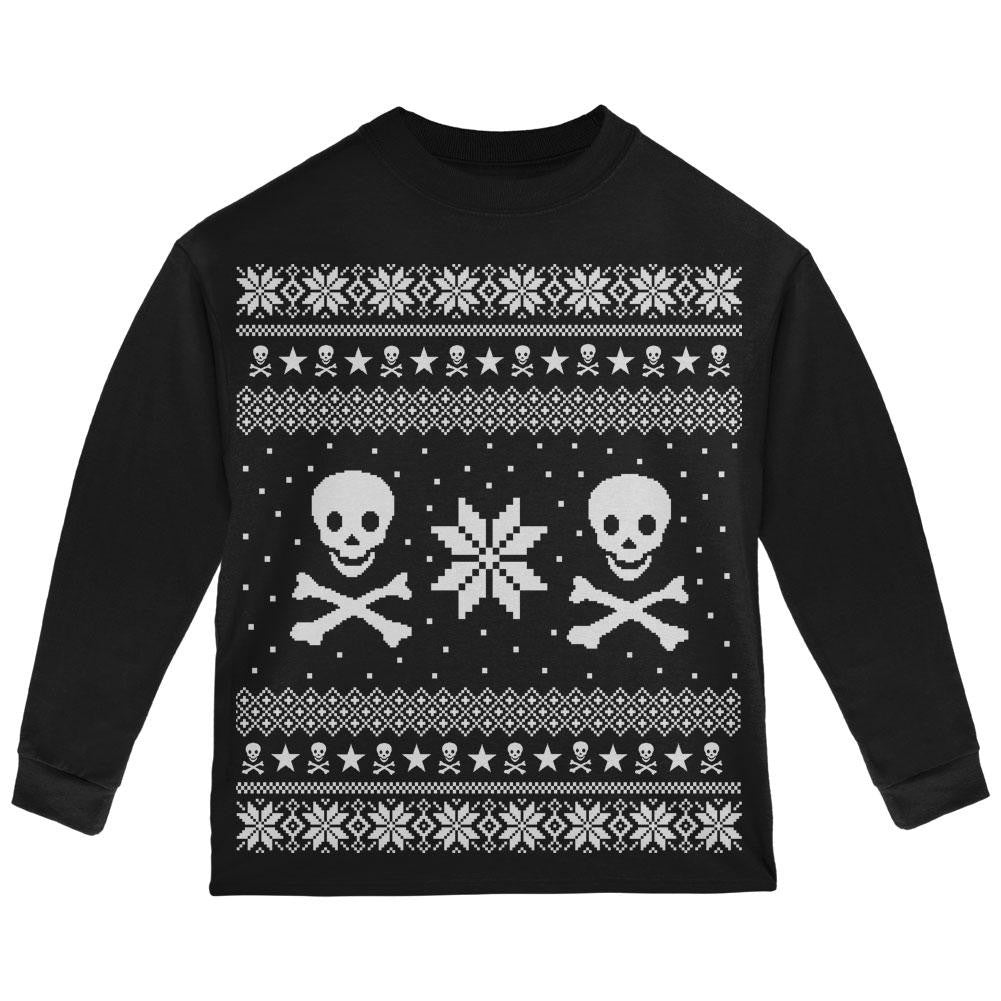 Skull & Crossbones Ugly Christmas Sweater Red Toddler Long Sleeve T-Shirt Toddler Long Sleeves Old Glory   