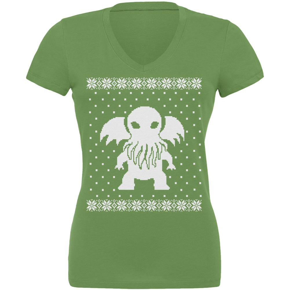 Big Cthulhu Ugly Lovecraft Christmas Sweater Leaf Juniors V-Neck T-Shirt Juniors T-Shirts Old Glory 2XL Green 