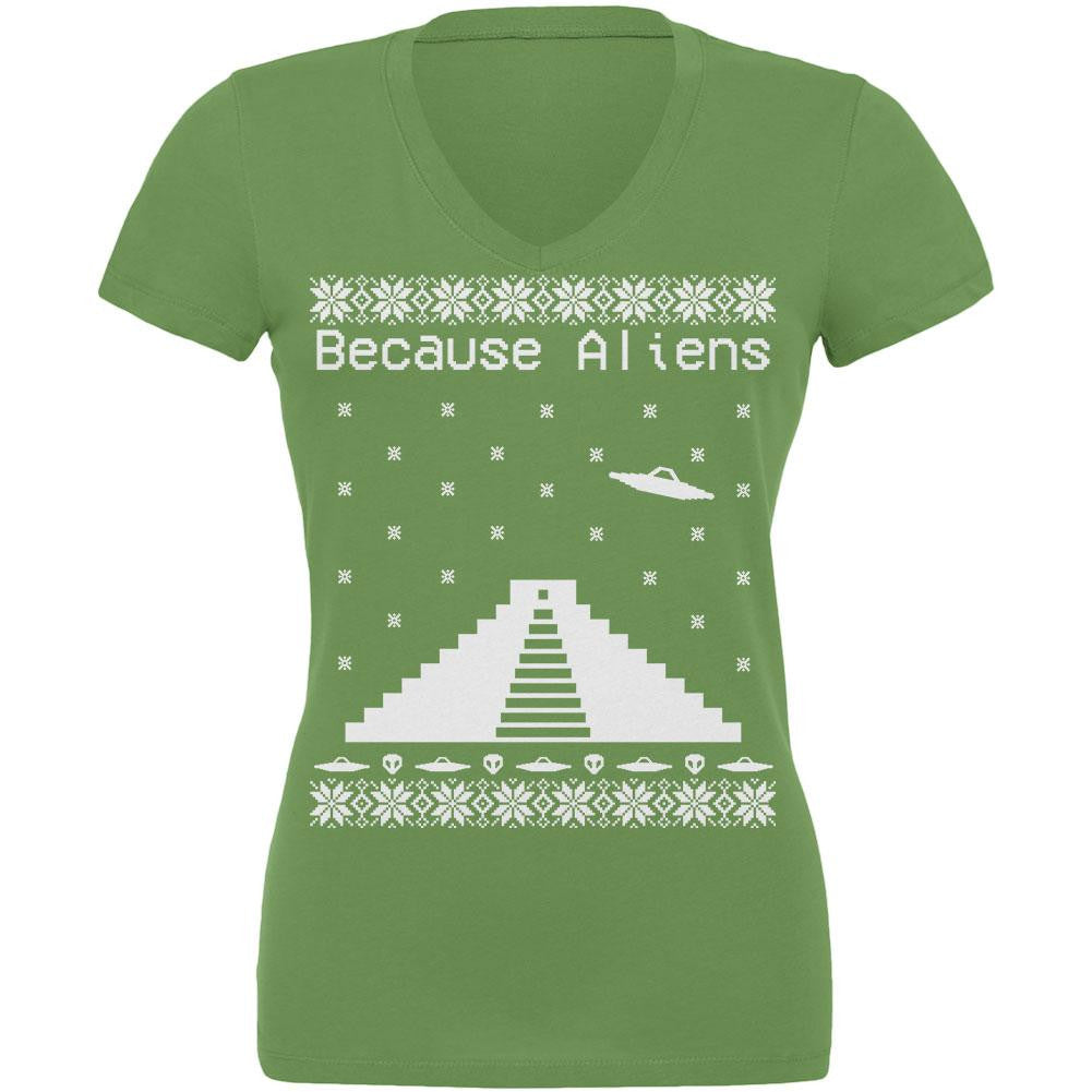 Because Aliens Pyramid Christmas Sweater Leaf Juniors V-Neck T-Shirt Juniors T-Shirts Old Glory 2XL Green 