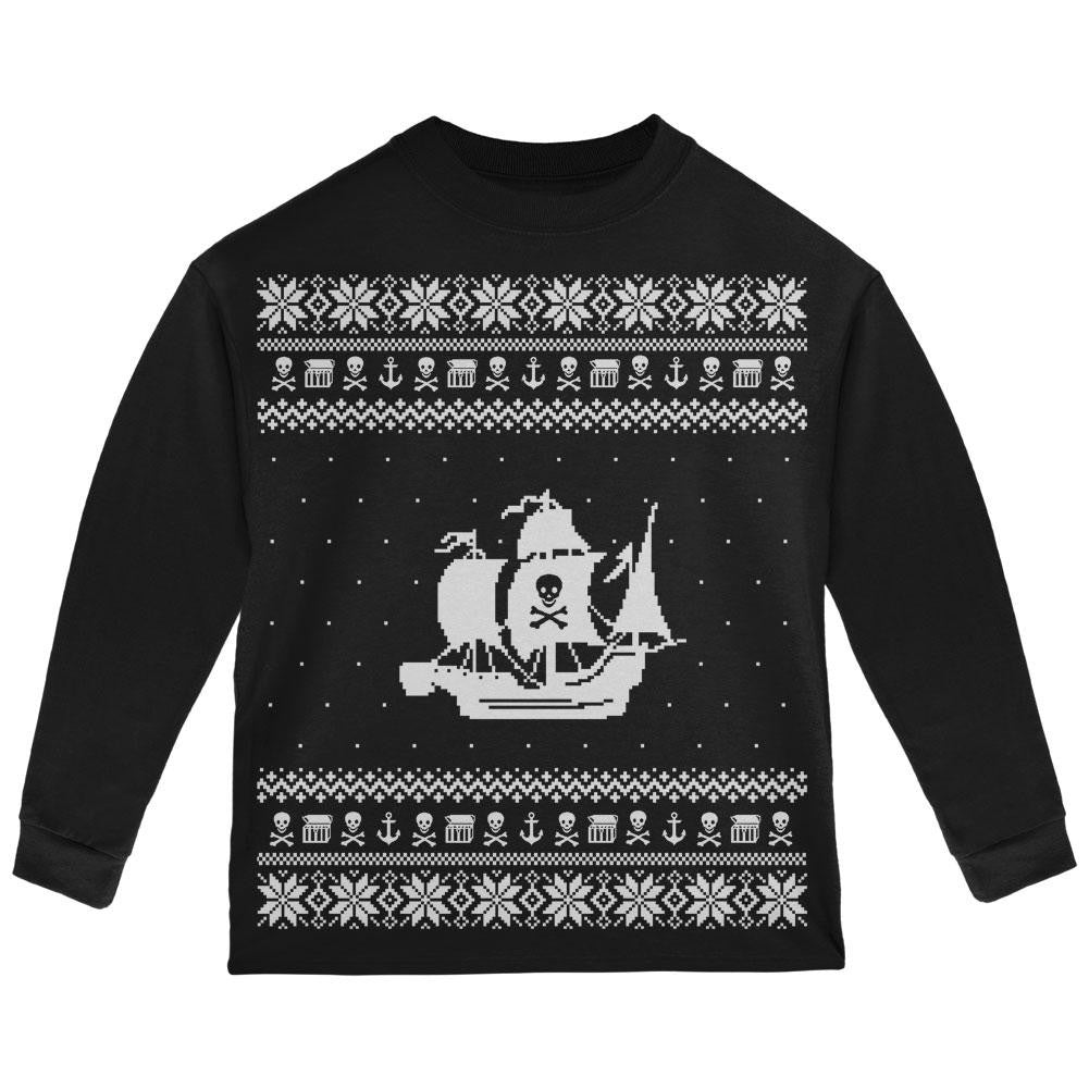 Pirate Ship Ugly Christmas Sweater Black Toddler Long Sleeve T-Shirt Toddler Long Sleeves Old Glory   