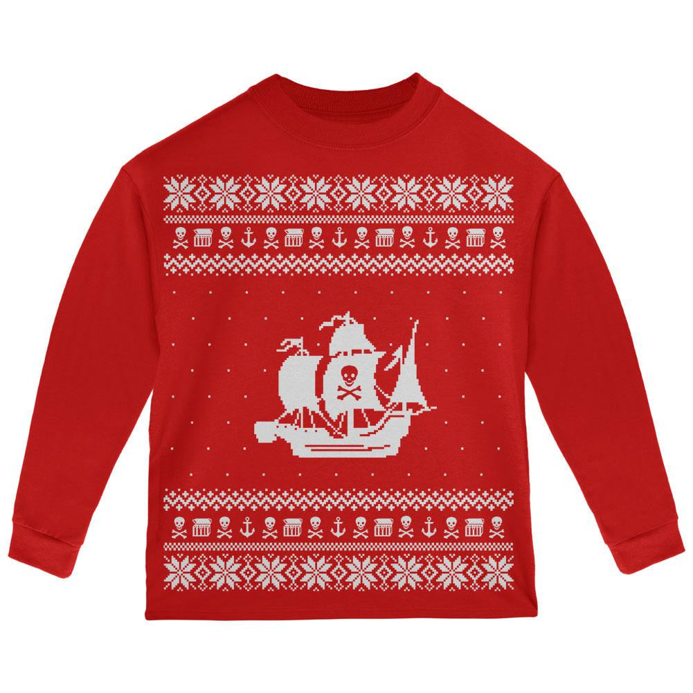 Pirate Ship Ugly Christmas Sweater Black Toddler Long Sleeve T-Shirt Toddler Long Sleeves Old Glory   