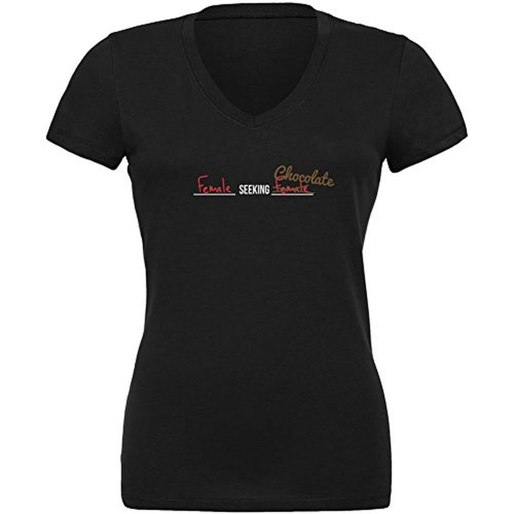 Female Seeking Female Chocolate Black Juniors V-Neck T-Shirt Juniors T-Shirts Old Glory 2XL Black 