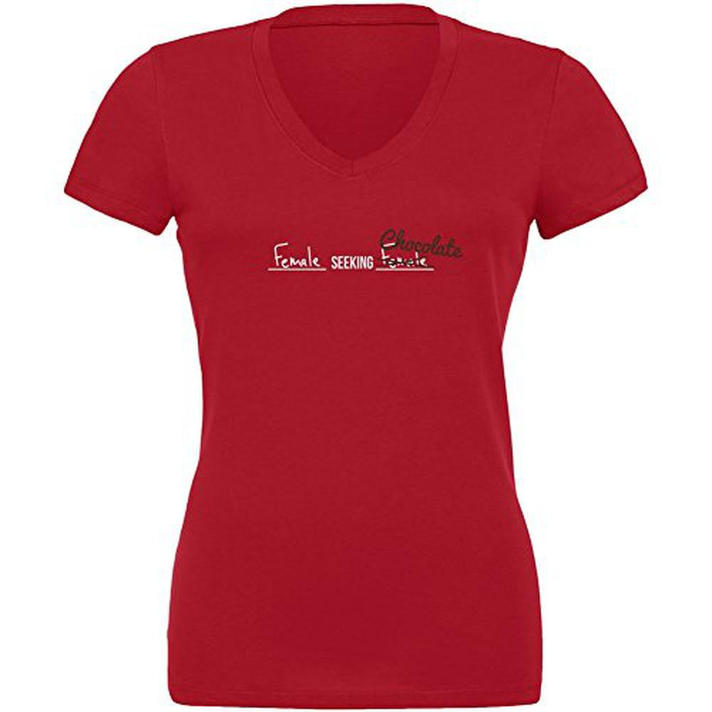 Female Seeking Female Chocolate Red Juniors V-Neck T-Shirt Juniors T-Shirts Old Glory 2XL Red 