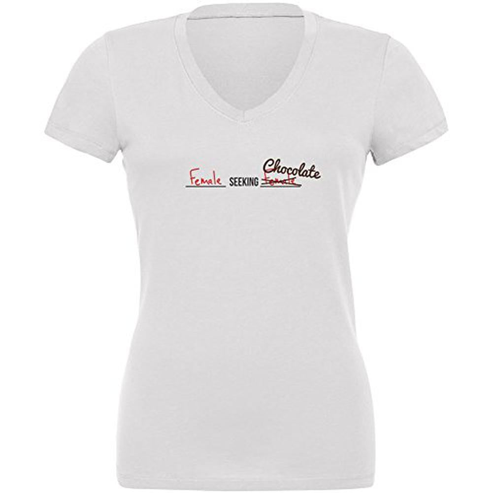 Female Seeking Female Chocolate White Juniors V-Neck T-Shirt Juniors T-Shirts Old Glory 2XL White 