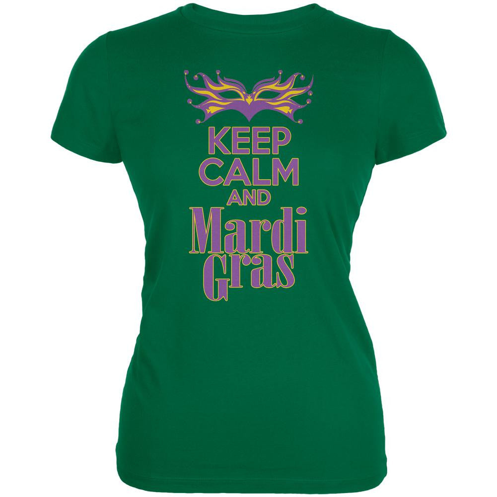 Mardi Gras Keep Calm Kelly Green Juniors Soft T-Shirt Juniors T-Shirts Old Glory 2XL Green 