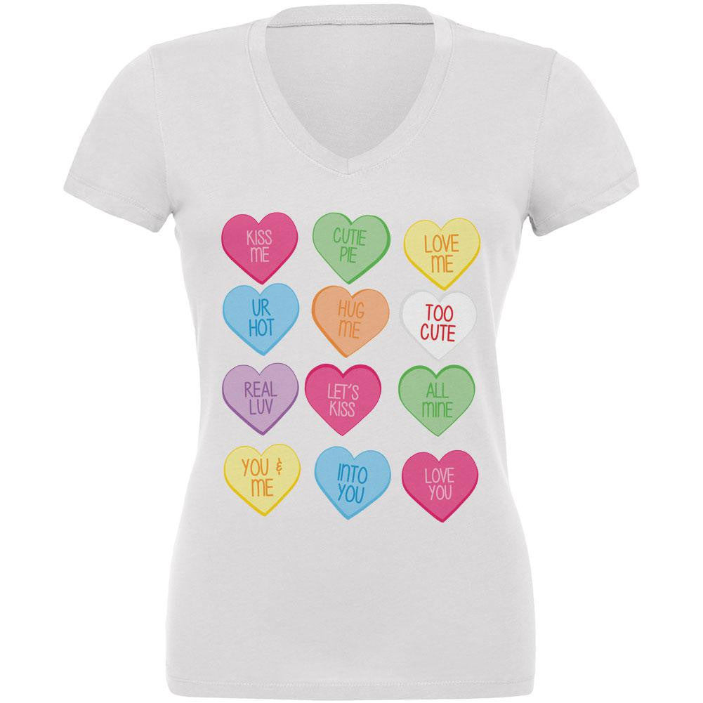 Valentine's Day Candy Hearts White Juniors V-Neck T-Shirt Juniors V-Neck T-Shirts Old Glory   