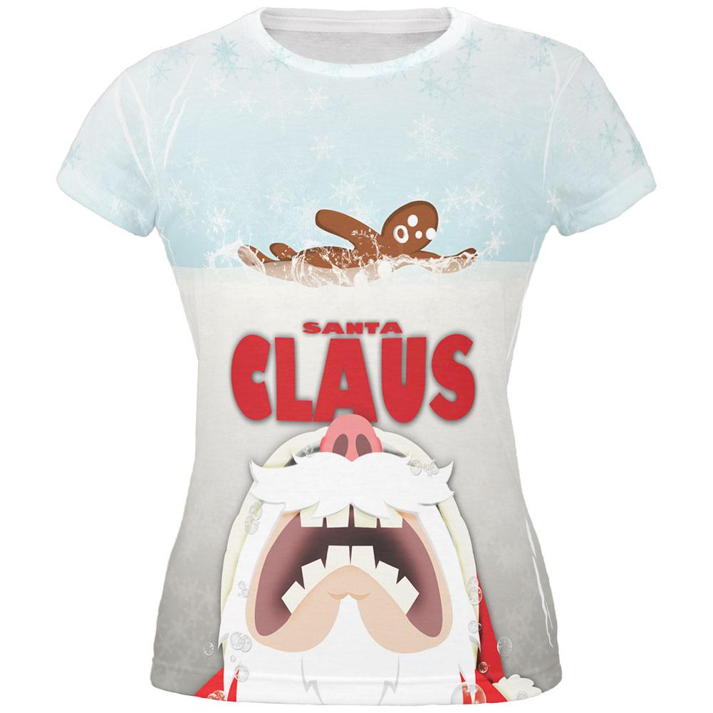 Christmas Santa Jaws Claus Horror All Over Juniors T-Shirt Juniors T-Shirts Old Glory 2XL White 