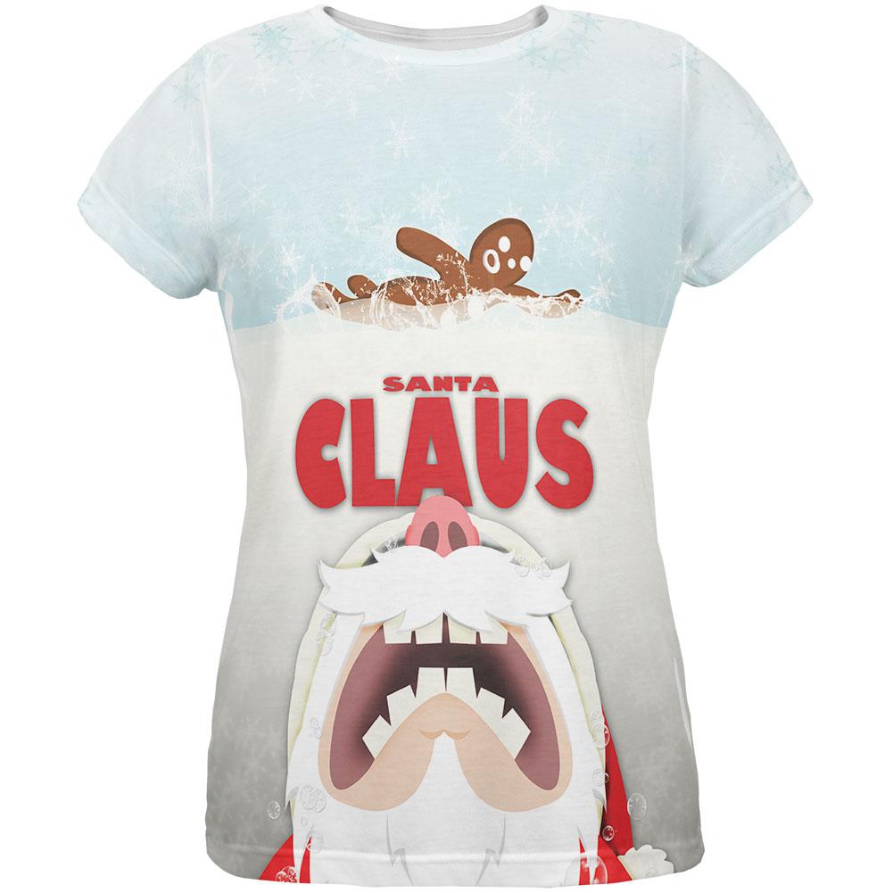 Christmas Santa Jaws Claus Horror All Over Womens T-Shirt Women's T-Shirts Old Glory 2XL White 