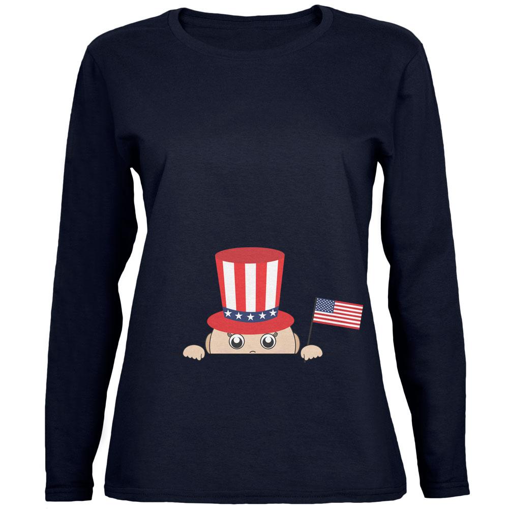 4th of July - Peeking Baby Navy Womens Long Sleeve T-Shirt Women's Long Sleeves Old Glory 2XL Blue 