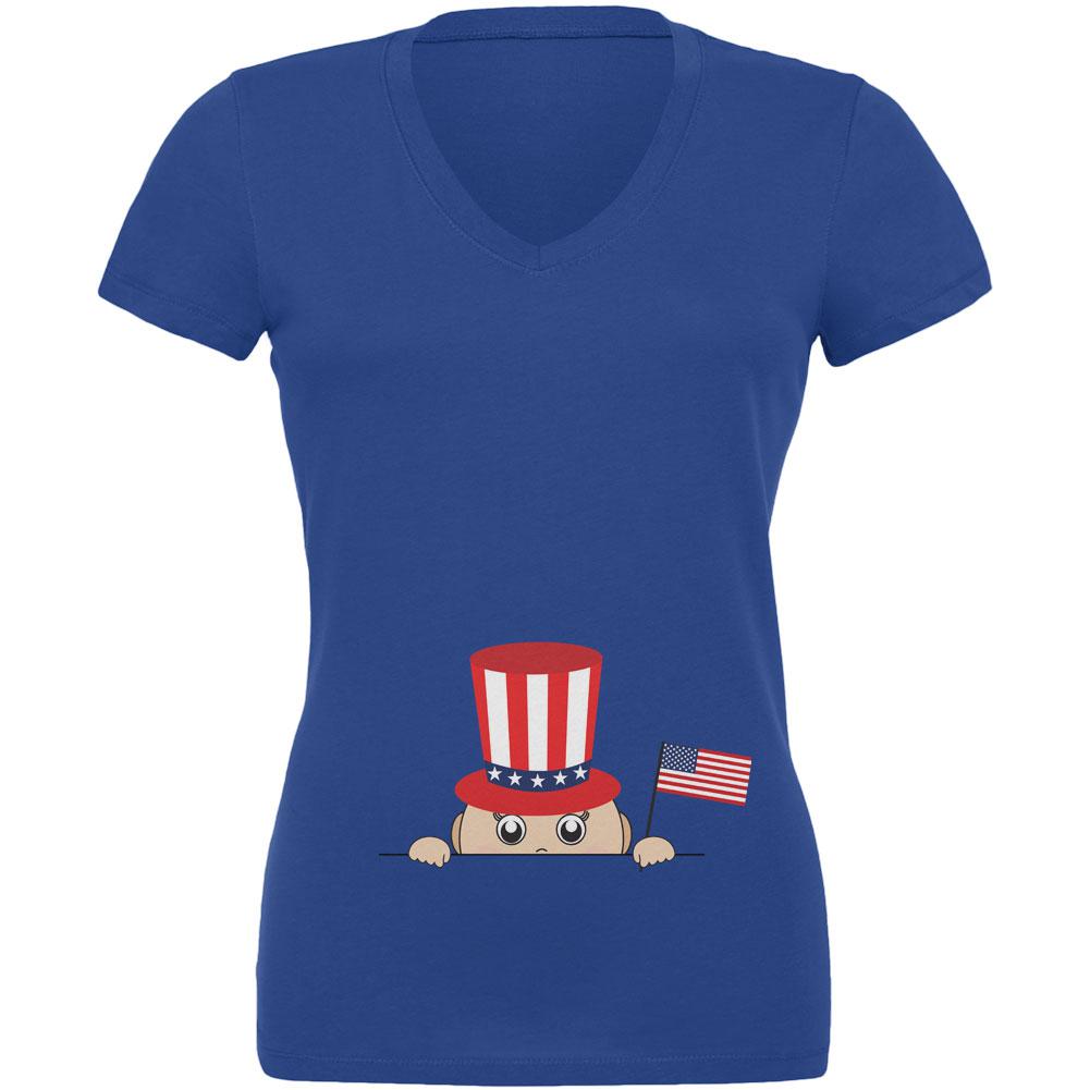 4th of July - Peeking Baby Royal Juniors V-Neck T-Shirt Juniors V-Neck T-Shirts Old Glory 2XL Blue 