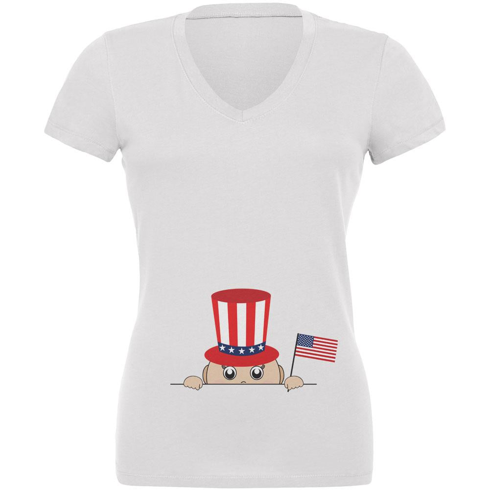 4th of July - Peeking Baby White Juniors V-Neck T-Shirt Juniors V-Neck T-Shirts Old Glory 2XL White 