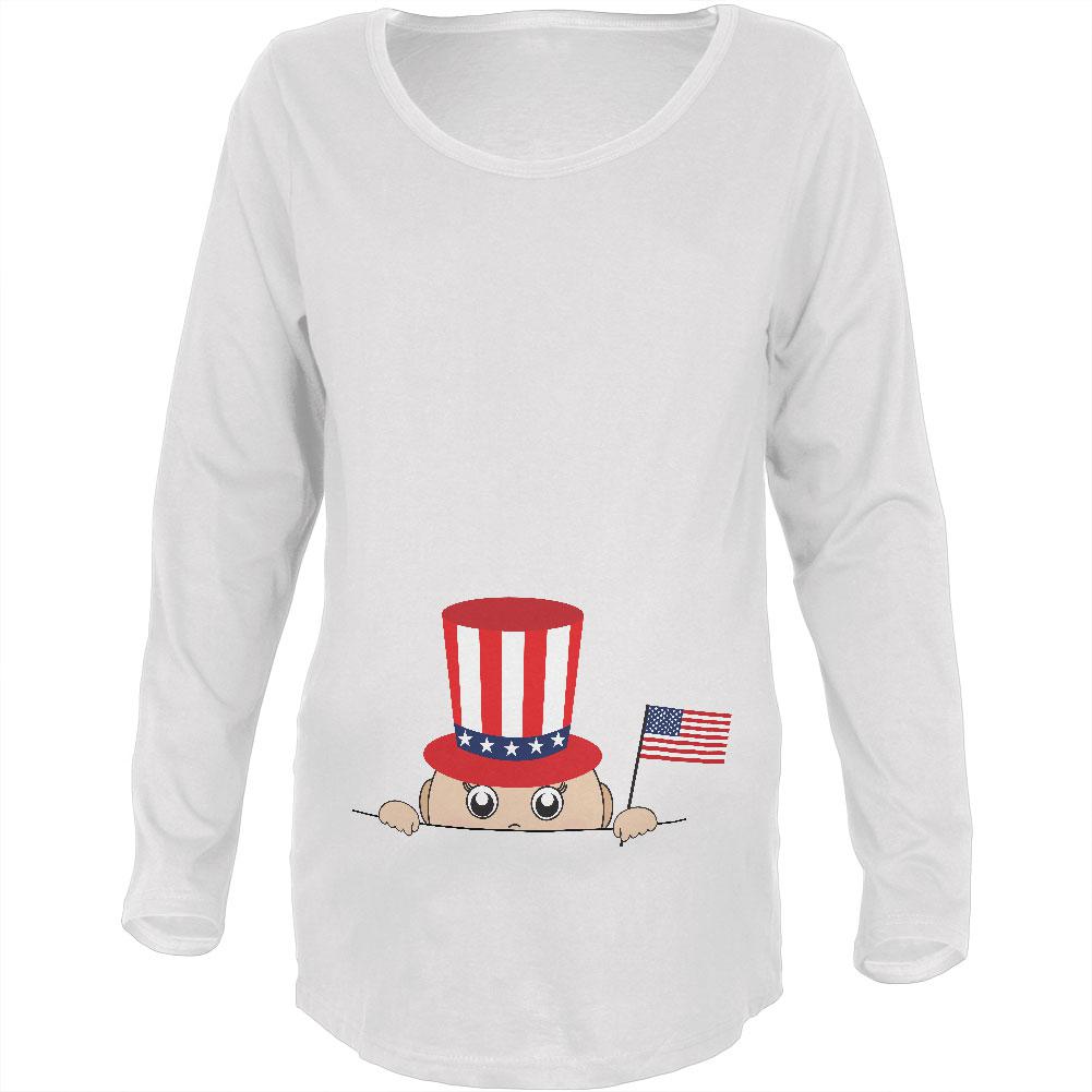 4th of July - Peeking Baby White Maternity Soft Long Sleeve T-Shirt Maternity Long Sleeve T-Shirts Old Glory 2XL White 