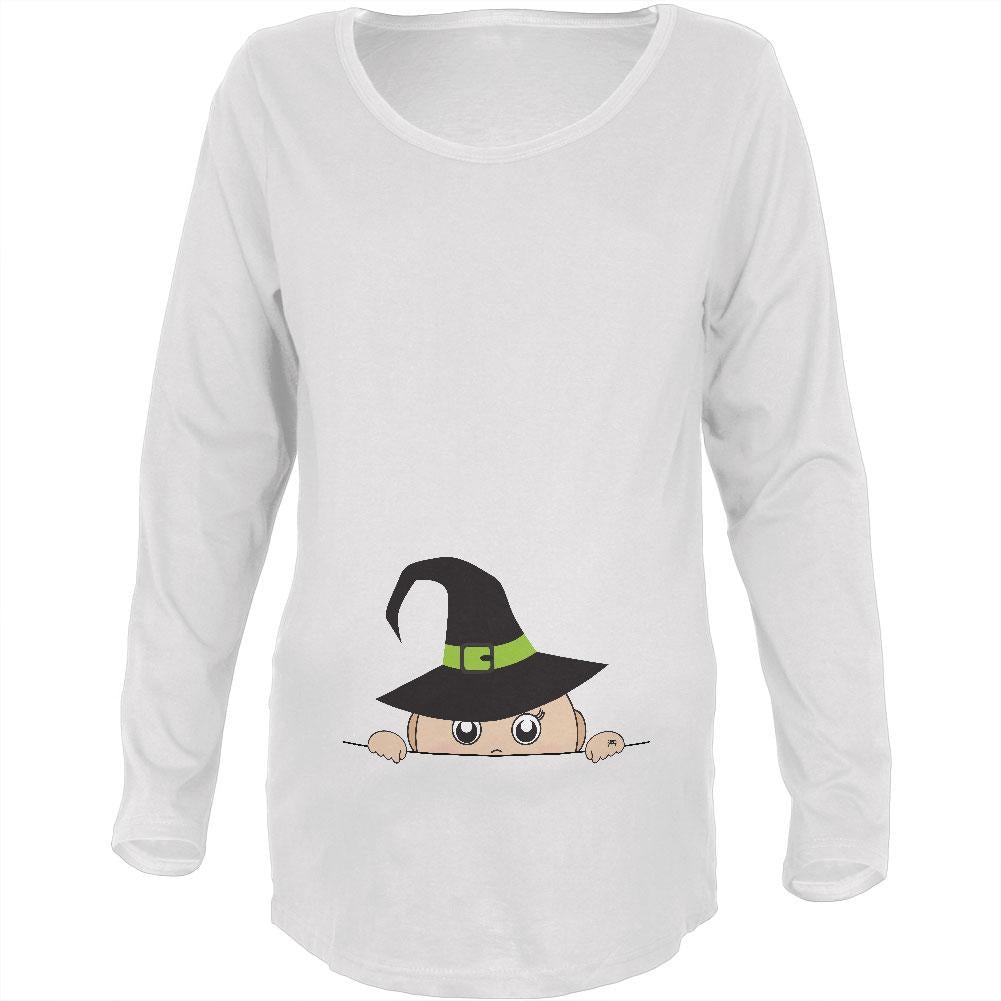 Halloween - Peeking Baby Witch White Maternity Soft Long Sleeve T-Shirt Maternity Long Sleeve T-Shirts Old Glory 2XL White 