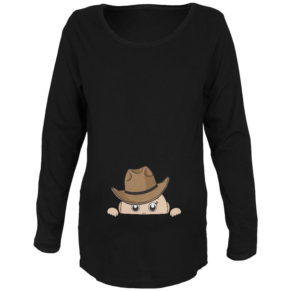 Peeking Baby Cowboy Black Maternity Soft Long Sleeve T-Shirt Maternity Long Sleeve T-Shirts Old Glory 2XL Black 