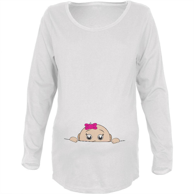 Peeking Baby Girl White Maternity Soft Long Sleeve T-Shirt Maternity Long Sleeve T-Shirts Old Glory   