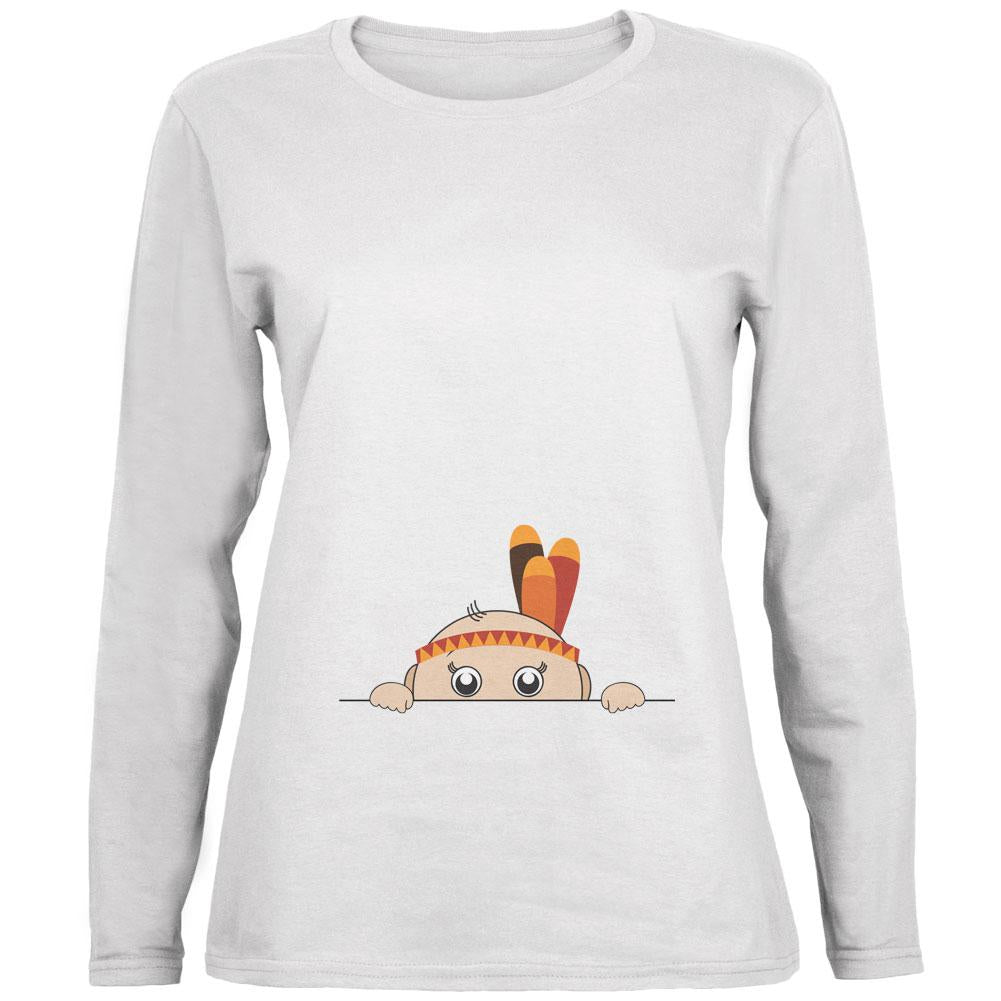 Peeking Baby Thanksgiving Indian White Womens Long Sleeve T-Shirt Women's Long Sleeves Old Glory 2XL White 