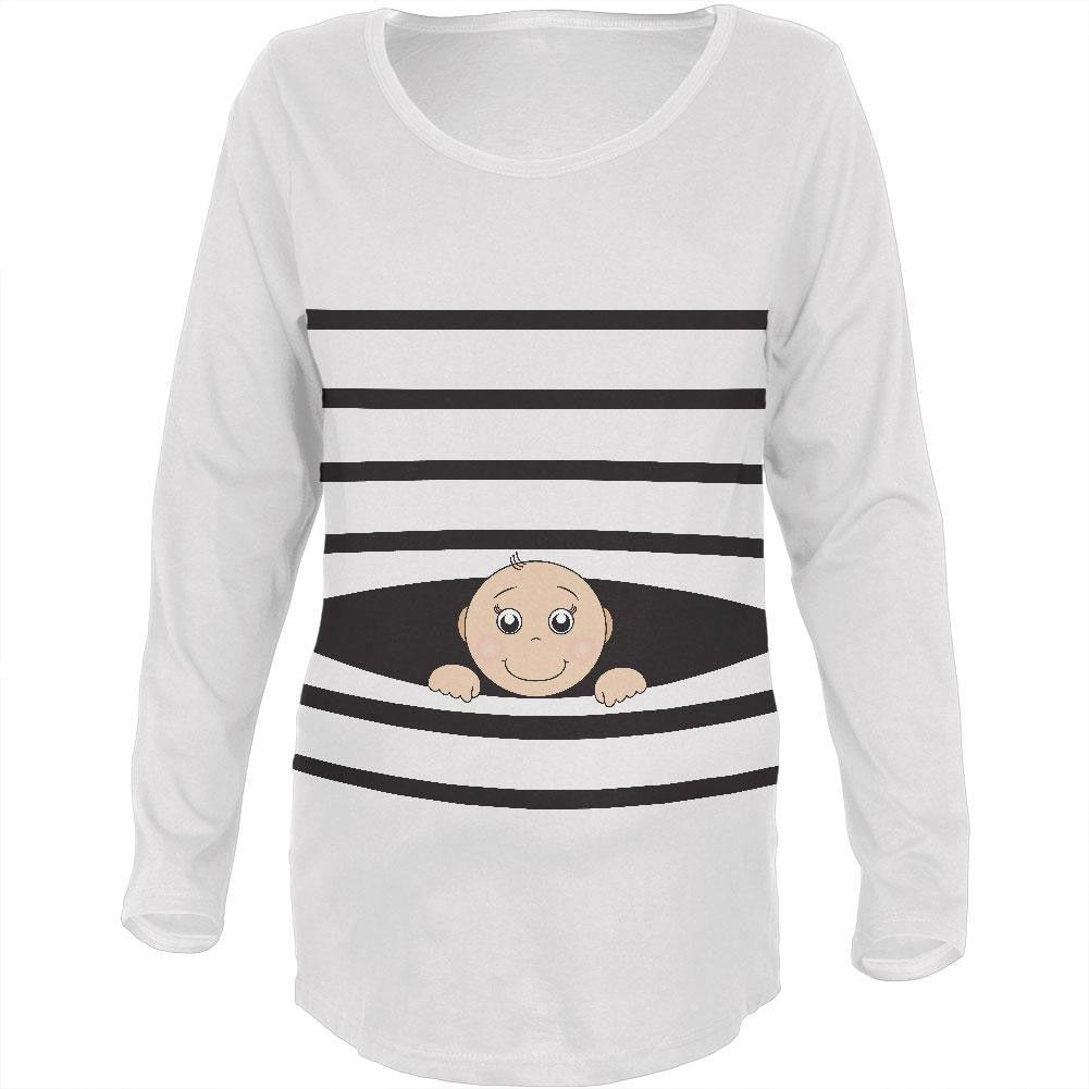 Striped Peeking Baby White Maternity Soft Long Sleeve T-Shirt Maternity Long Sleeve T-Shirts Old Glory   