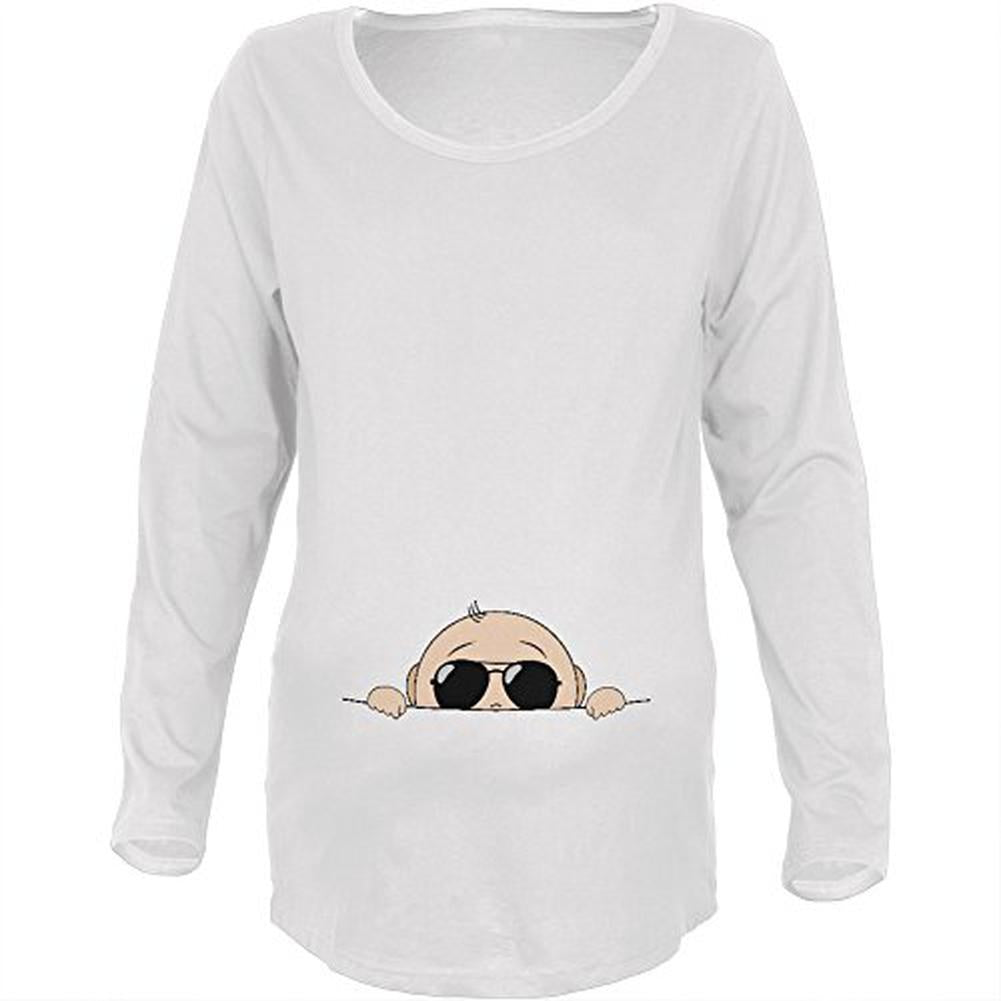 Summer - Peeking Baby Aviator Sunglasses White Maternity Soft Long Sleeve T-Shirt Maternity Long Sleeve T-Shirts Old Glory 2XL White 