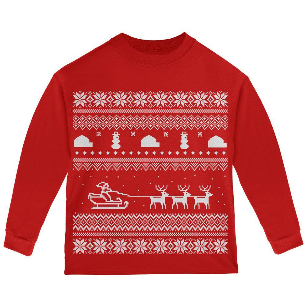 Santa Sleigh Ugly Christmas Sweater Red Toddler Long Sleeve T-Shirt Toddler Long Sleeves Old Glory   