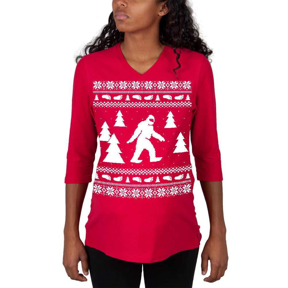 Sasquatch Ugly Christmas Sweater Red Maternity 3/4 sleeve T-shirt Maternity T-Shirts Old Glory   