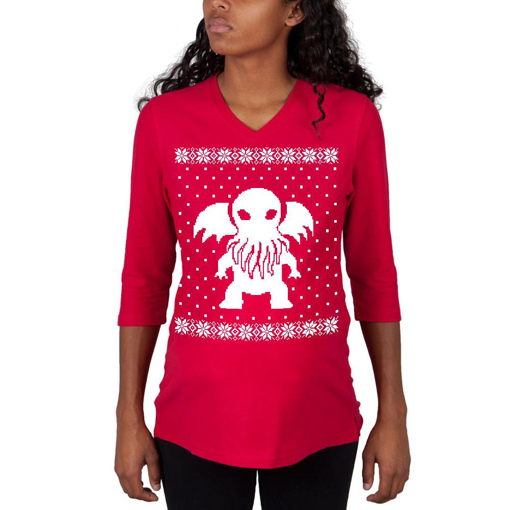 Big Cthulhu Ugly XMAS Sweater Red Maternity 3/4 sleeve T-shirt Maternity Long Sleeve T-Shirts Old Glory   