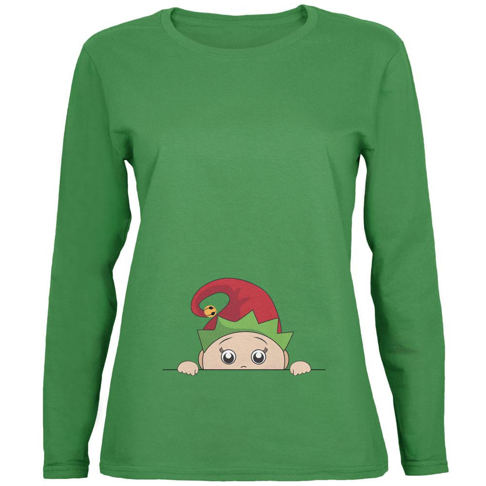 Christmas Peeking Baby Elf Green Womens Long Sleeve T-Shirt Women's Long Sleeves Old Glory 2XL Green 