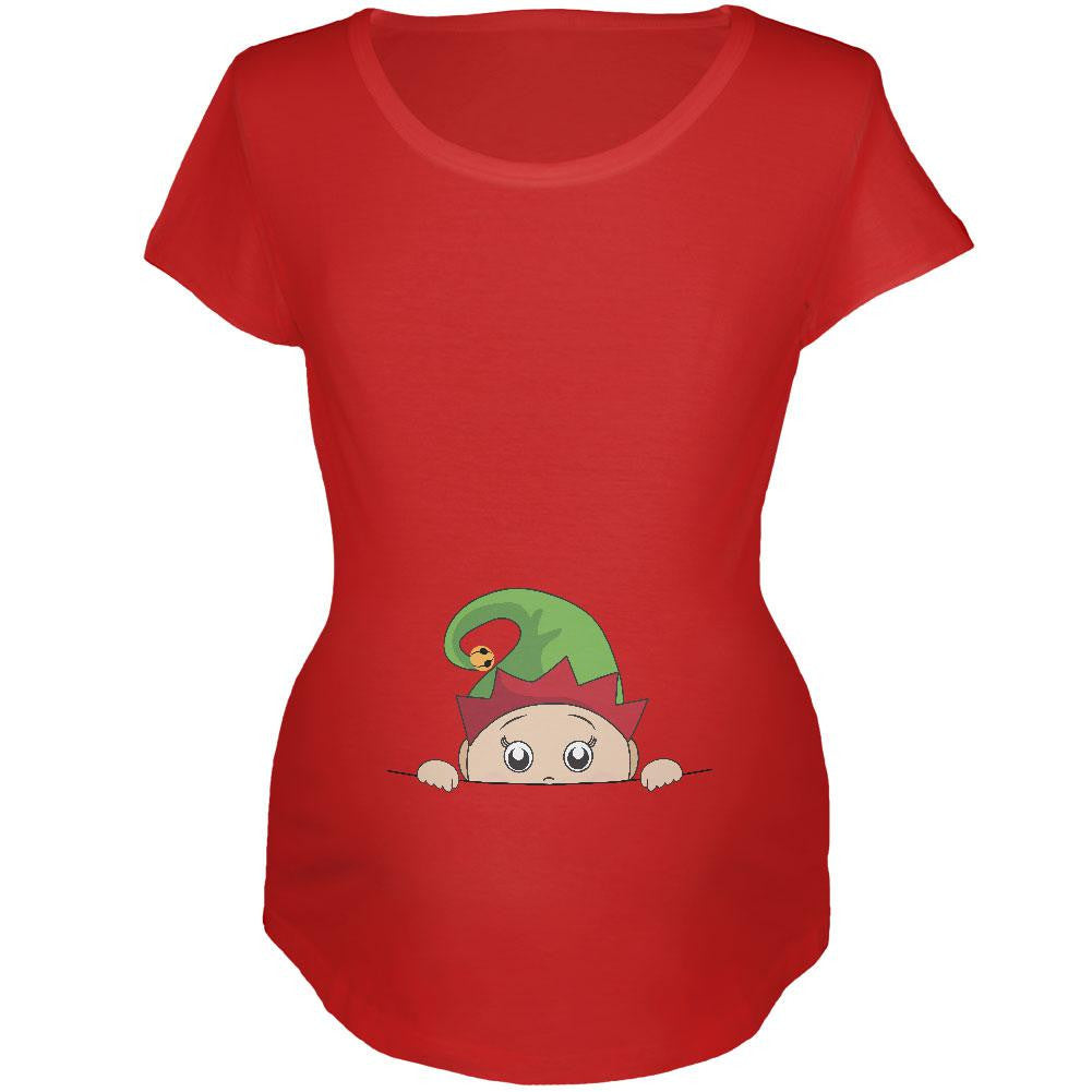 Christmas Peeking Baby Elf Red Maternity Soft T-Shirt Maternity T-Shirts Old Glory 2XL Red 