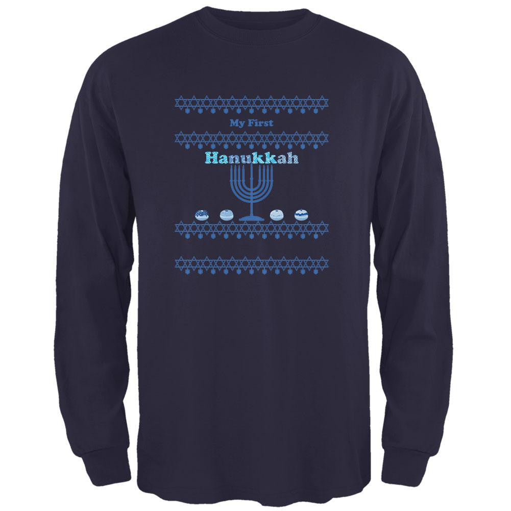 My First Hanukkah Navy Adult Long Sleeve T-Shirt Men's Long Sleeves Old Glory 2XL Blue 