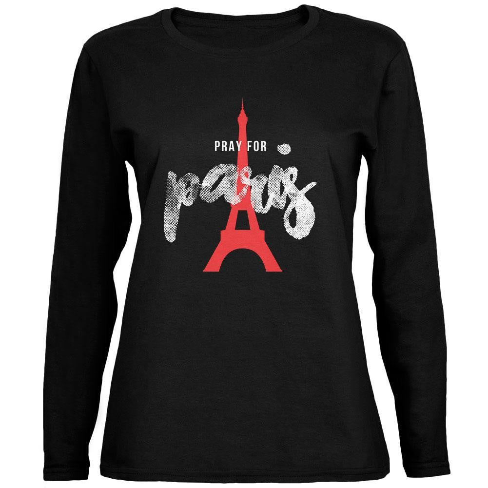 Pray for Paris Eiffel Tower Script Black Womens Long Sleeve T-Shirt Women's Long Sleeves Old Glory 2XL Black 