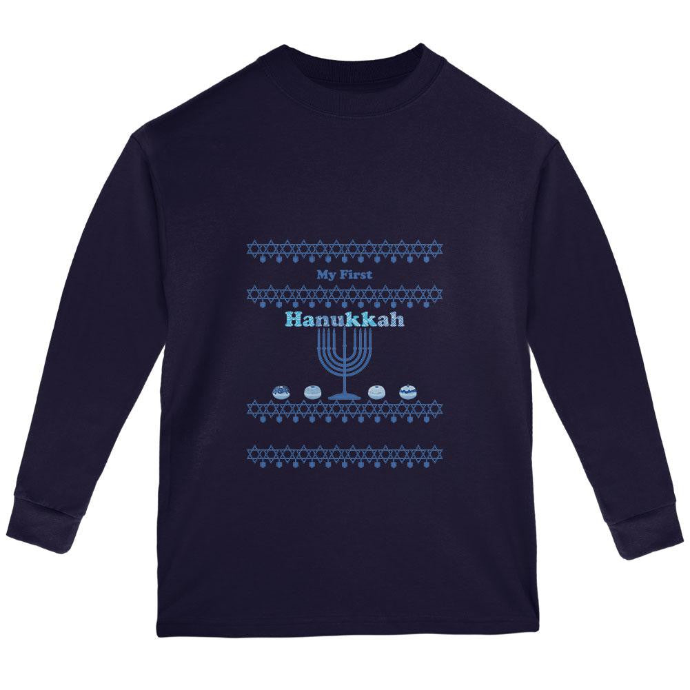 My First Hanukkah Navy Youth Long Sleeve T-Shirt Youth Long Sleeves Old Glory LG Blue 