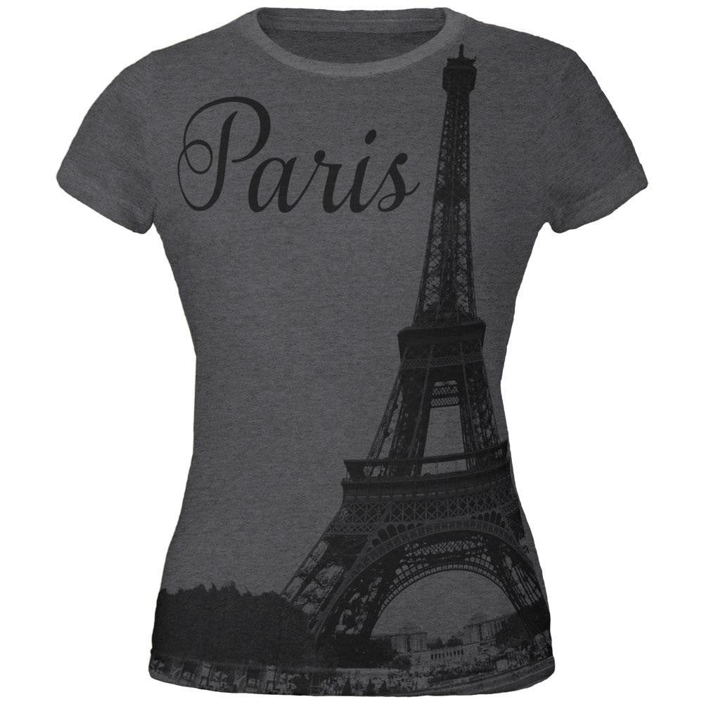 Paris Eiffel Tower All Over Dark Heather Juniors Soft T-Shirt Juniors T-Shirts Old Glory 2XL Grey 