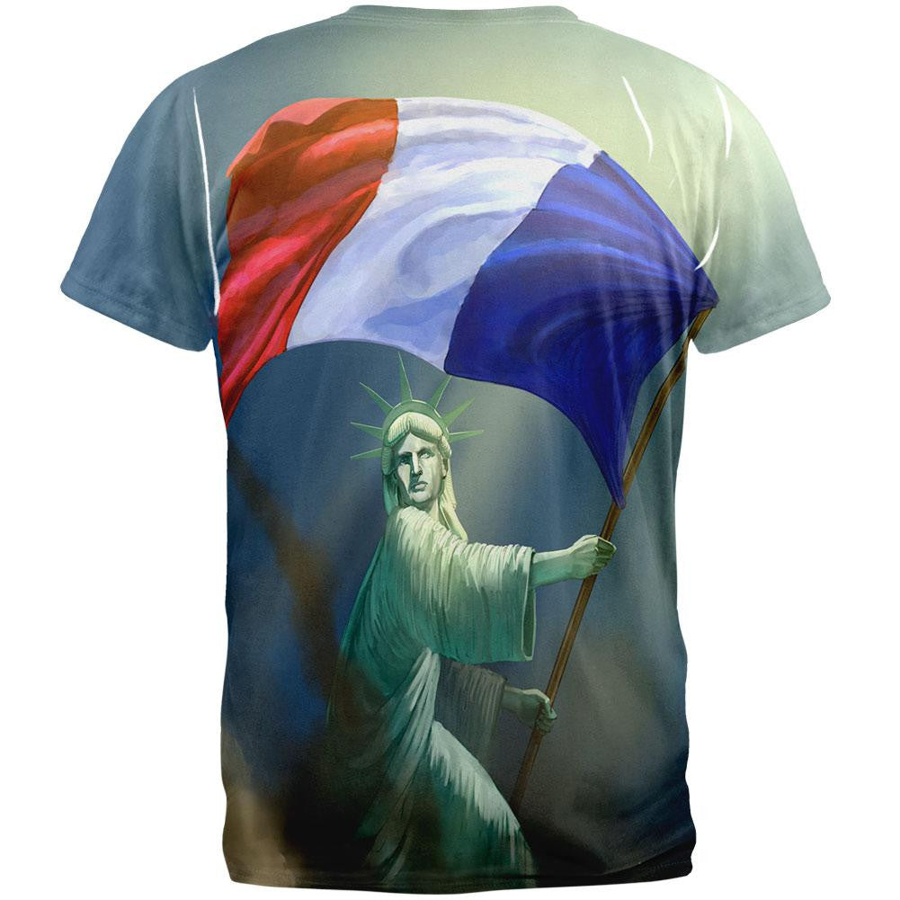 Lady Liberty Waving French Flag All Over Adult T-Shirt Men's T-Shirts Old Glory   