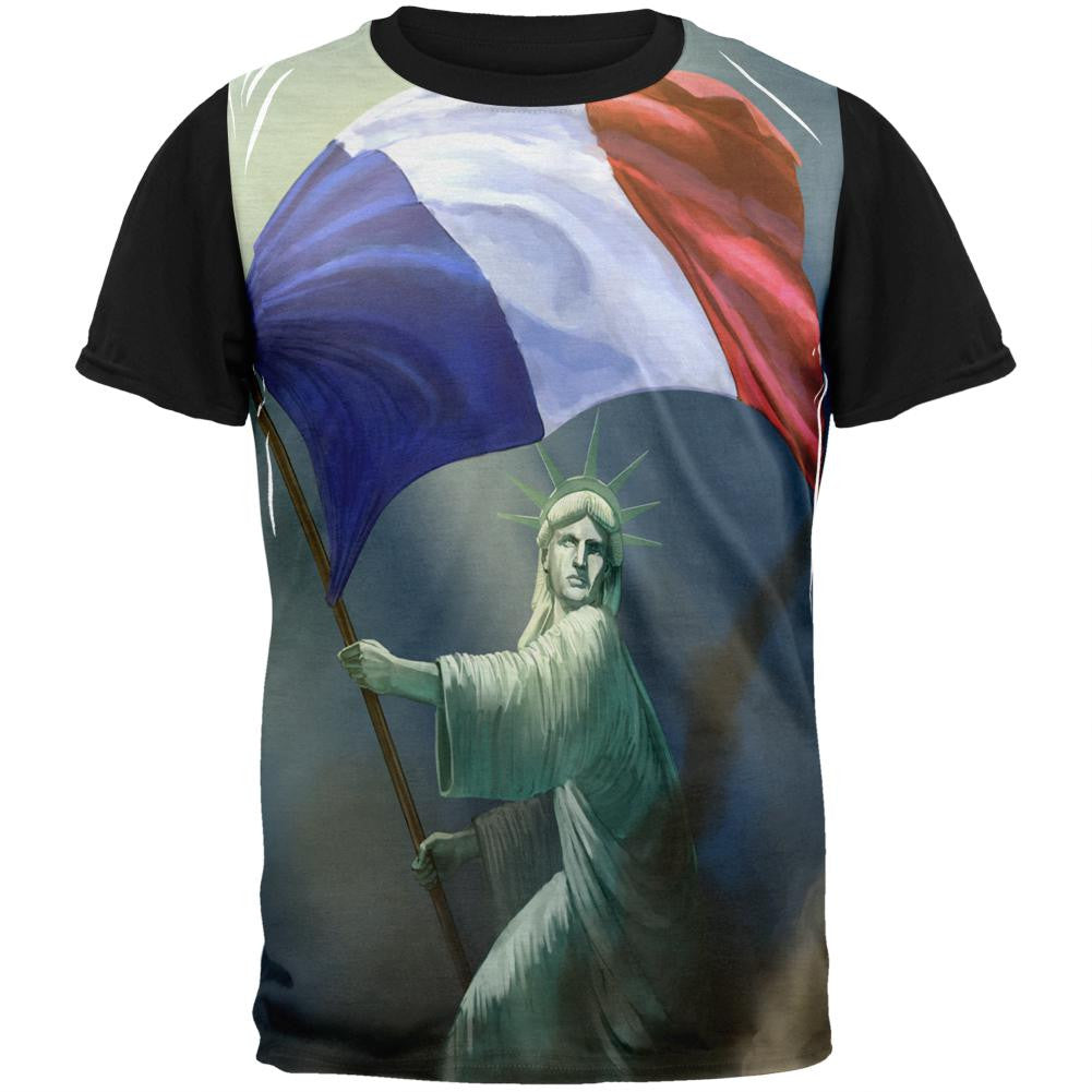 Lady Liberty Waving French Flag Adult Black Back T-Shirt Men's T-Shirts Old Glory SM Multi 