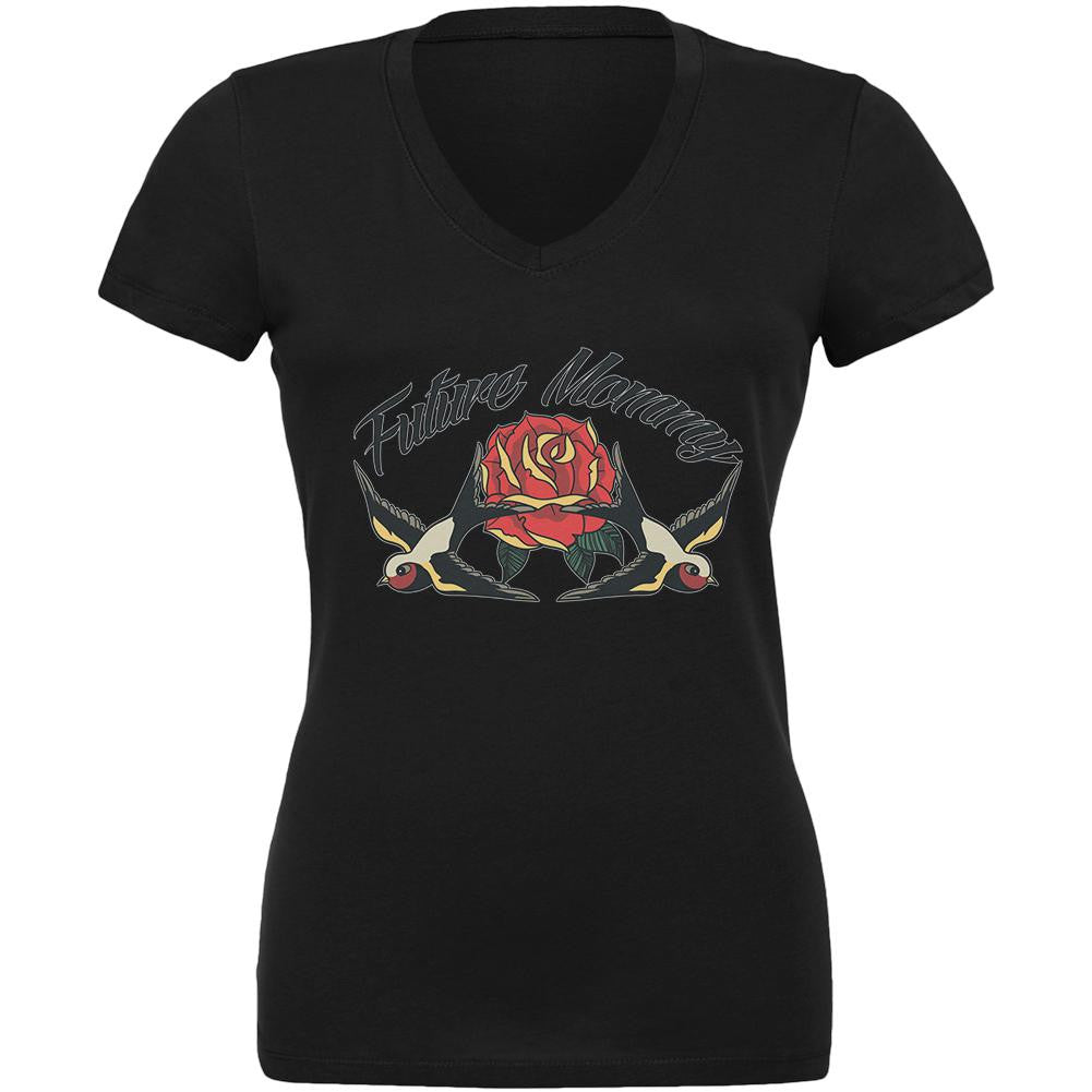 Future Mommy Swallow Vintage Tattoo Black Juniors V-Neck T-Shirt Juniors T-Shirts Old Glory 2XL Black 