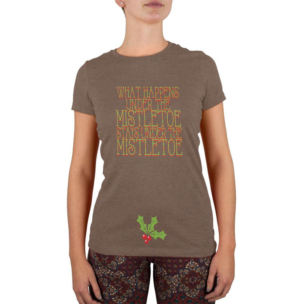 Christmas Mistletoe Happens Stays Funny Heather Brown Juniors Soft T-Shirt Juniors T-Shirts Old Glory 2XL Brown 