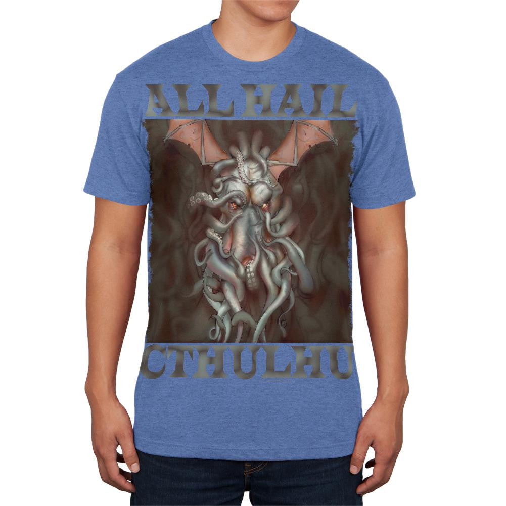 All Hail Cthulhu Heather Blue Adult Soft T-Shirt Men's T-Shirts Old Glory 2XL Blue 