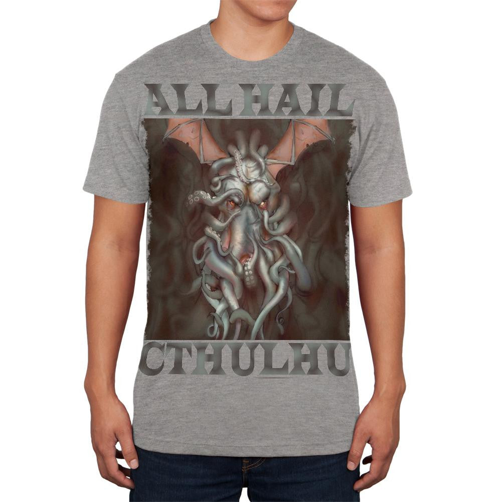 All Hail Cthulhu Heather Grey Adult Soft T-Shirt Men's T-Shirts Old Glory 2XL Grey 