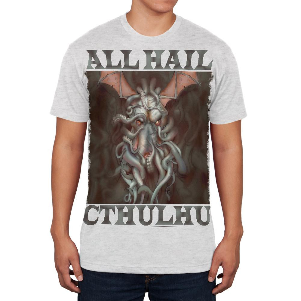 All Hail Cthulhu Heather White Adult Soft T-Shirt Men's T-Shirts Old Glory 2XL White 