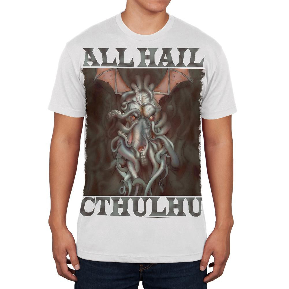 All Hail Cthulhu White Adult Soft T-Shirt Men's T-Shirts Old Glory 2XL White 