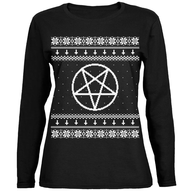 White Satanic Pentagram Ugly Christmas Sweater Black Womens Long Sleeve T-Shirt Women's Long Sleeves Old Glory 2XL Black 